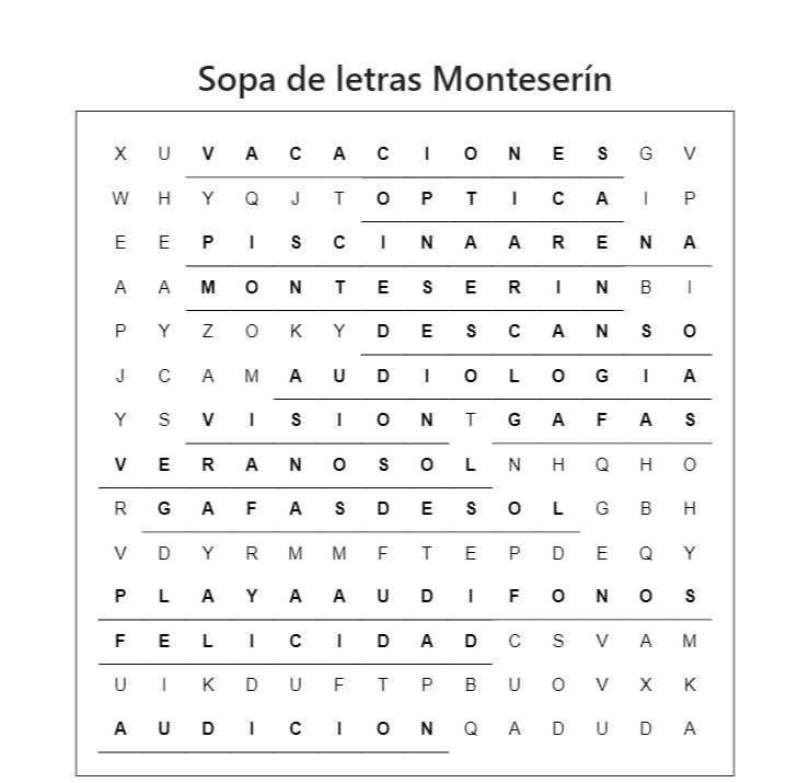 Soluciones Sopa de letras Monteserín Sopa de letras Monteserín para ejercitar la vista mientras te diviertes.